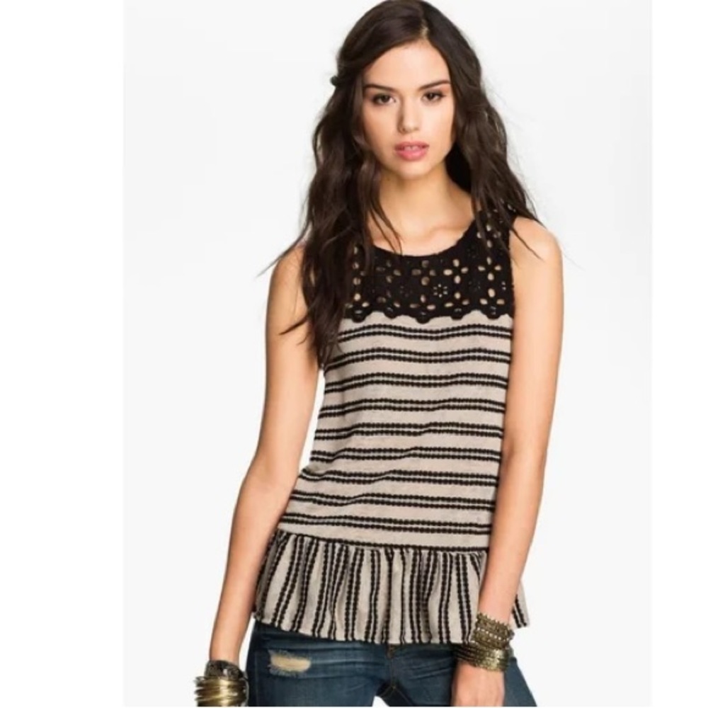 Free People Molly's Retro Peplum Top Tan Beige Black S Small Eyelet Embroidered